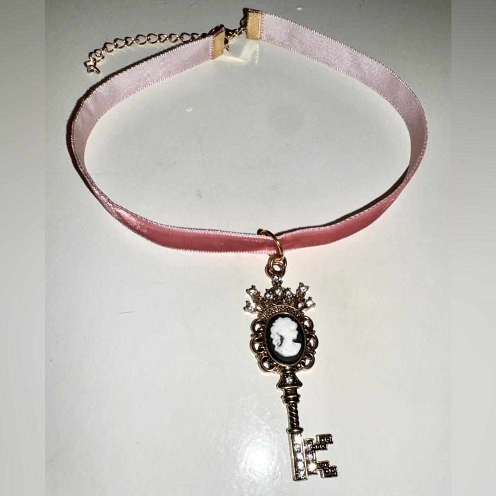Handmade Cameo Gold Key on Pink Velvet Choker and Gold Accents with Extender